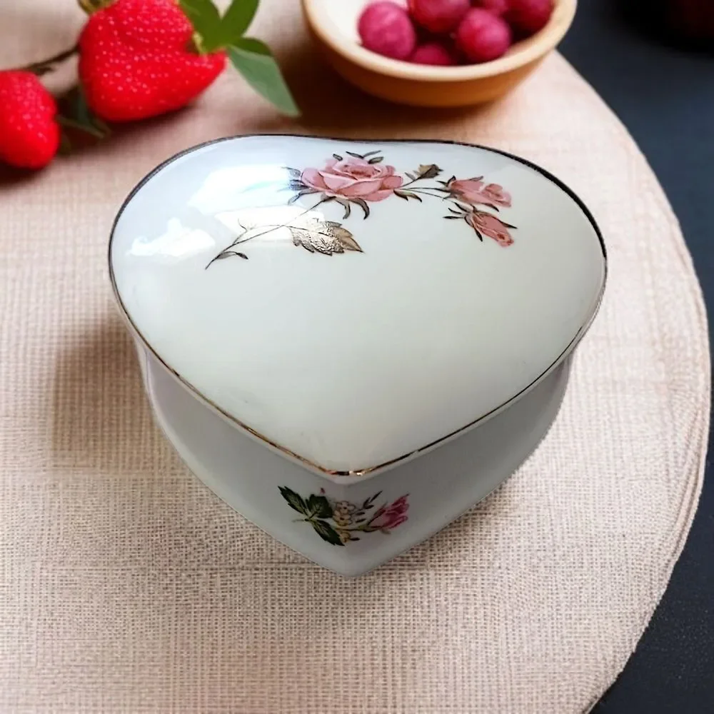Heart Trinket Dish Ring Box Lid Pink Rose Flowers Signed Ceramic Vintage Cottage
